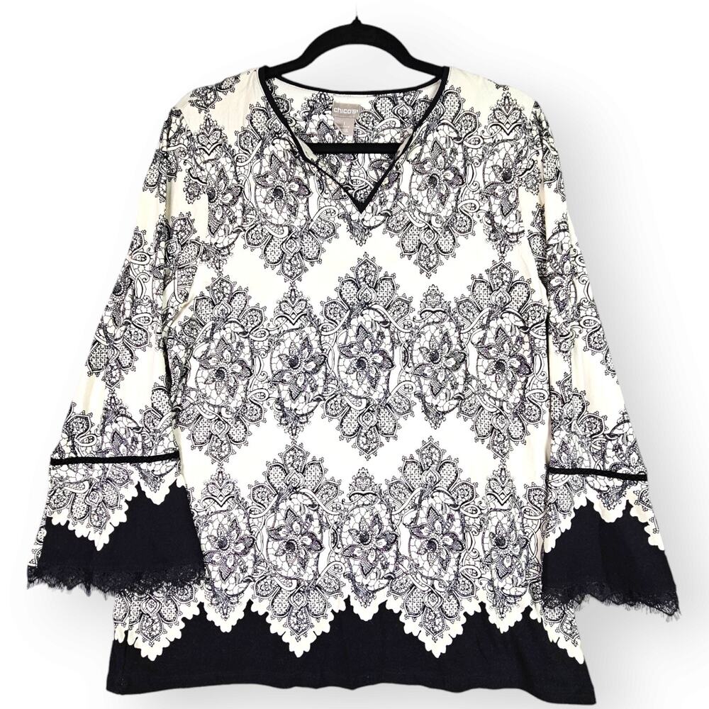 Chicos Blouse Size 1 Women Medium Black White 3/4 Bell Sleeve Floral Balck White